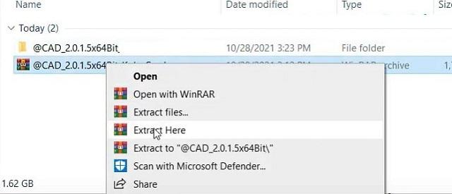 Nhấn Extract Here để giải nén Autocad 2015