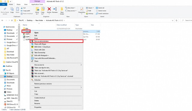 Nhấn chuột phải vào Activate AIO rồi chọn Run as Administrator