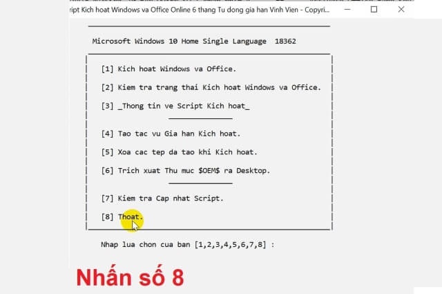 Nhấn phím số 8 để kết thúc quá trình crack